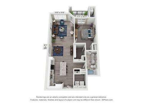 Floor plan for 1 bed, 1 bath, 1016 sqft